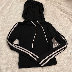 NWT Black Lightweight Hoodie with White Stripes on Sleeves